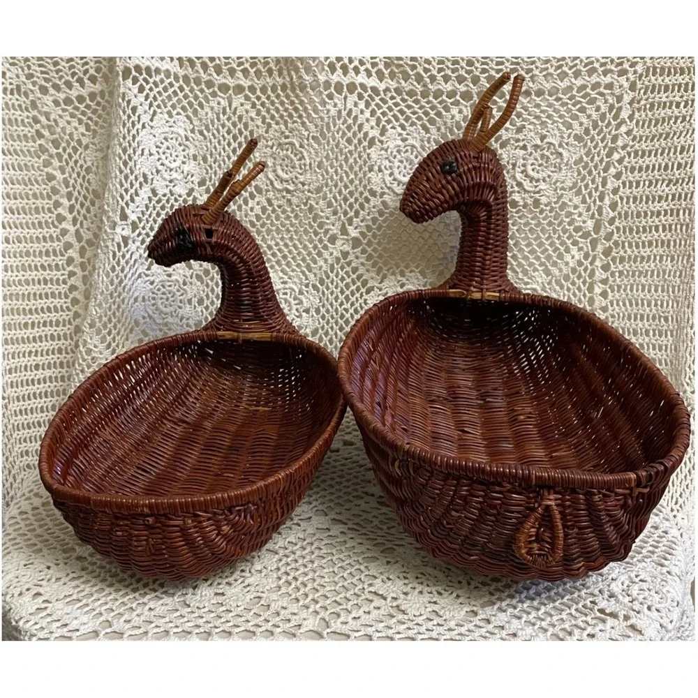Wicker Deer Reindeer Basket Set Home Decor Brown Vintage FLAWS
